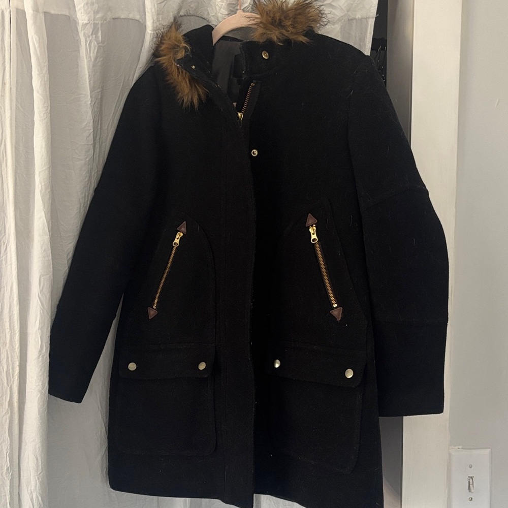 J. Crew Black Wool Coat with Brown Faux-Fur Trim and gold detail